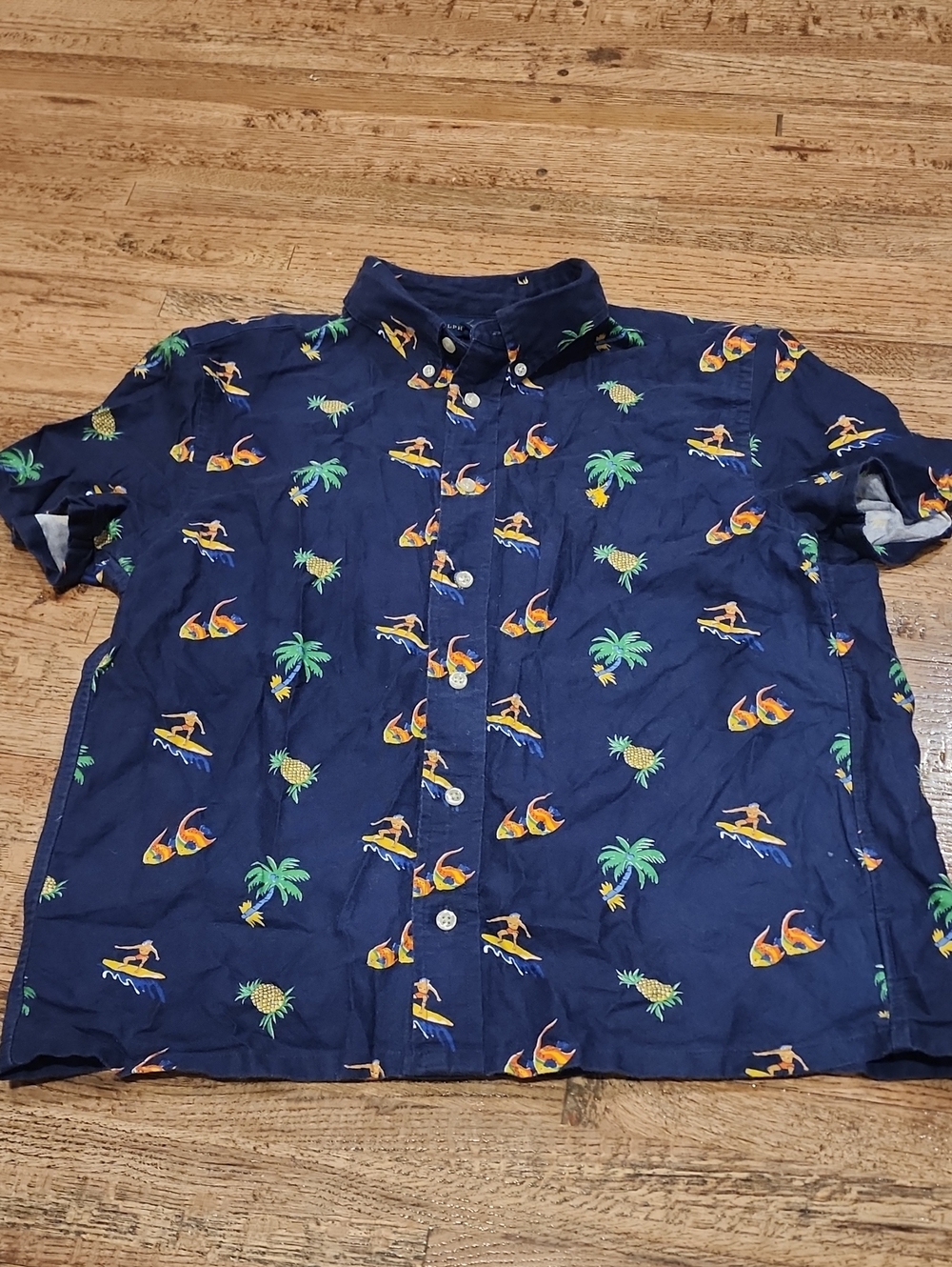 Ralph Lauren Navy Button-Down Shirt with Yellow & Green Tropical Print